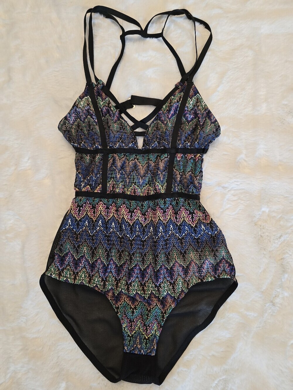 Topshop Multicolor Zigzag Mesh Bodysuit with Black Strappy Trim (NWT) - Picture 3 of 13
